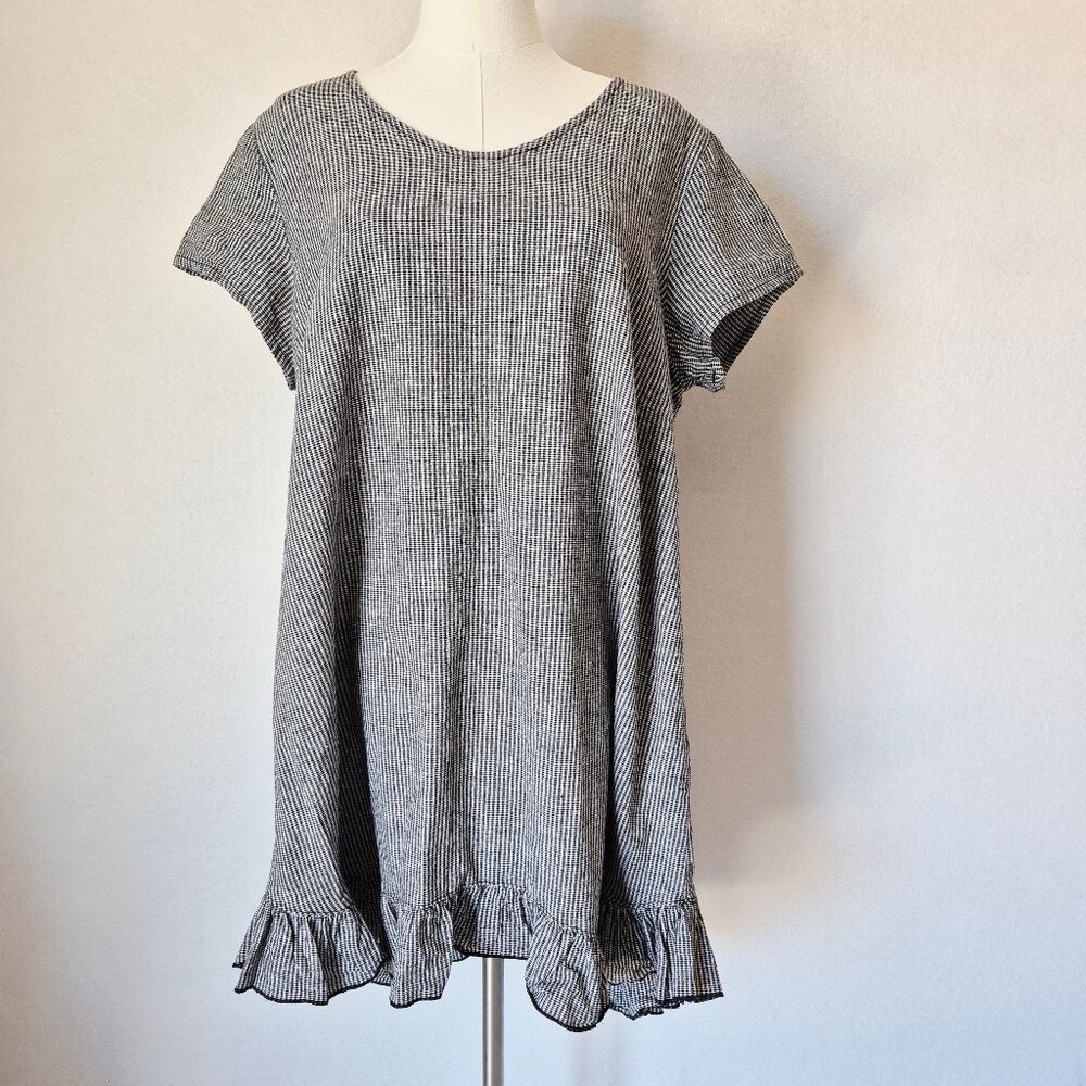 Goddess Gear Linen Cotton Houndstooth Lagenlook Ruffle Dress Short Sleeve